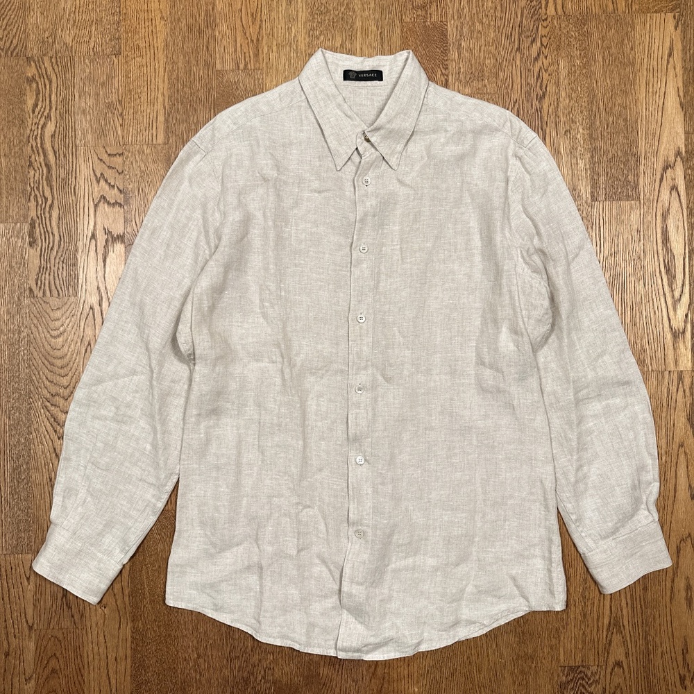 Versace Mainline Gold Button Linen Beige Slim L/S Button Shirt Mens 40
